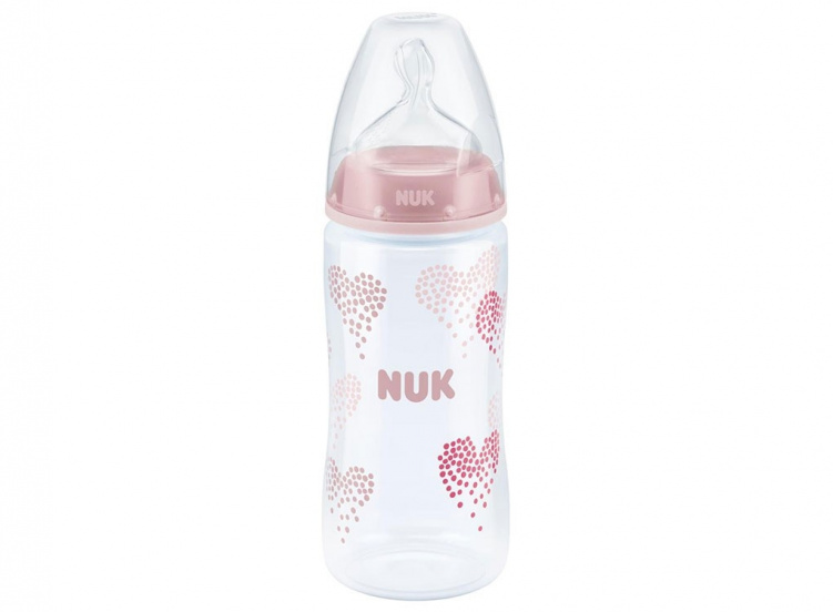NUK First Choice+ Nappflaska 300 ml Silikon Hearts/Rosa i gruppen Babytillbehör / Äta och mata / Nappflaskor och dinappar hos Bonti (999051450)