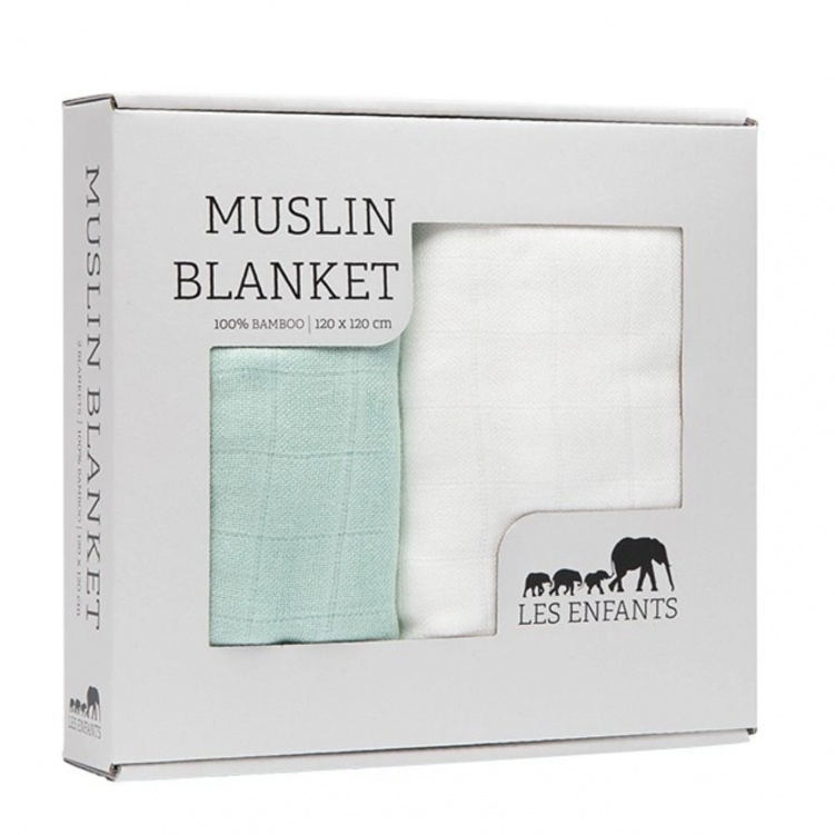 Les Enfants Muslinfilt 2-pack Grön/Vit i gruppen Babytillbehör / Sova / Swaddles hos Bonti (LEEN01-0105)