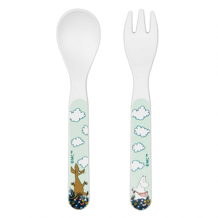 Mumin Äng Sked och Gaffel Grön i gruppen Babytillbehör / Äta och mata / Bestick hos Bonti (MUMI6676)